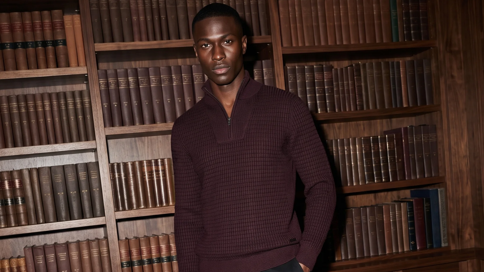 A man wearing a dark burgundy textured quarter-zip sweater, black trousers, and black dress shoes stands in front of a wooden bookshelf filled with books.
