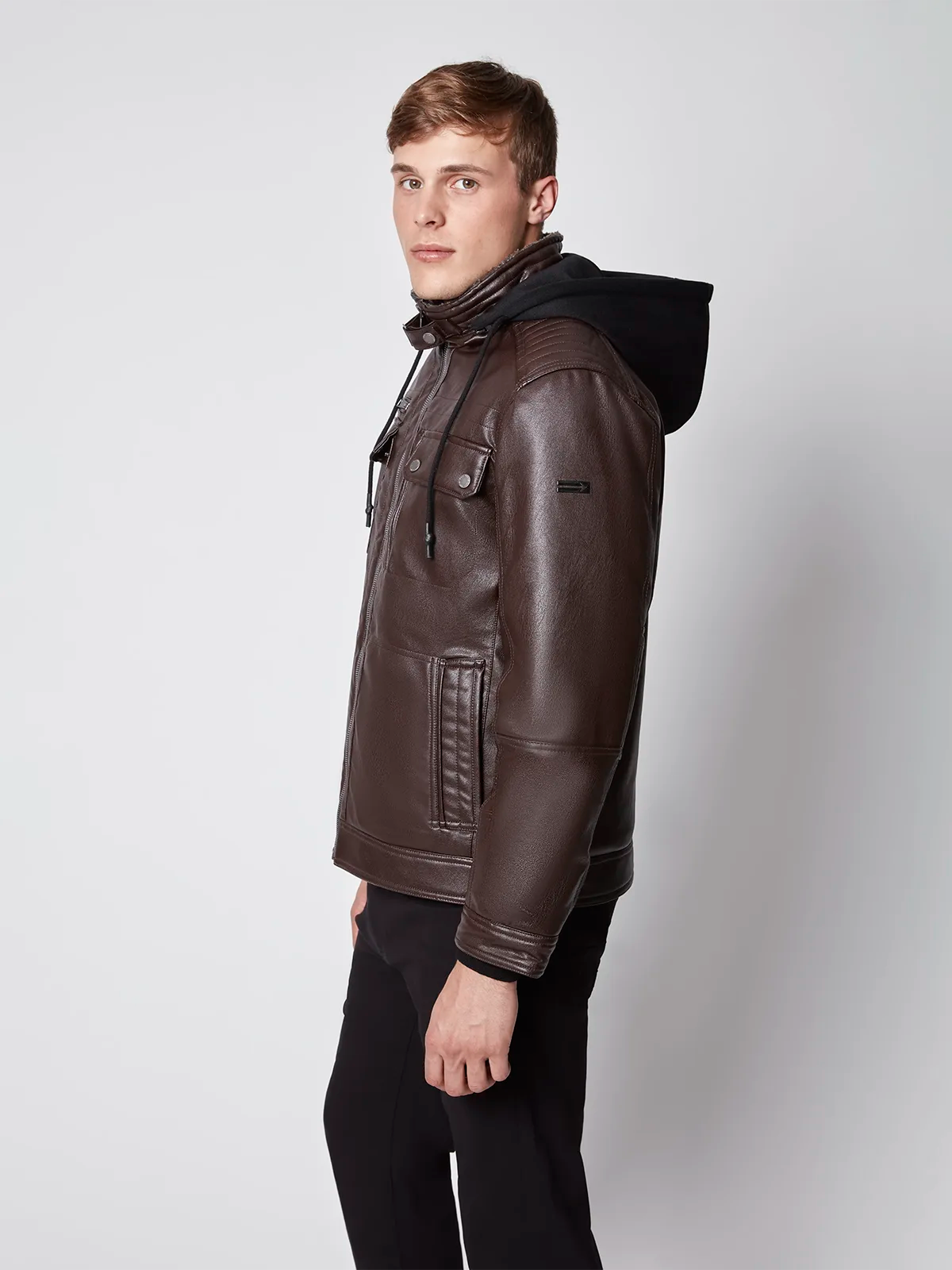 Men s Vegan Leather Moto Jacket with Removable Hood PROJEK RAW